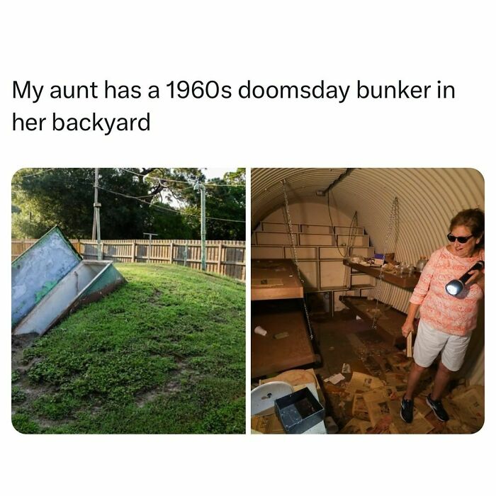 Outdoor and indoor views of a 1960s doomsday bunker featured in funny and relatable college confessions meme posts.