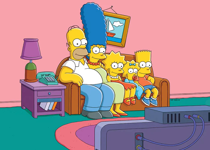 Animated family sitting on a couch watching TV, with a pink wall and framed picture in the background.