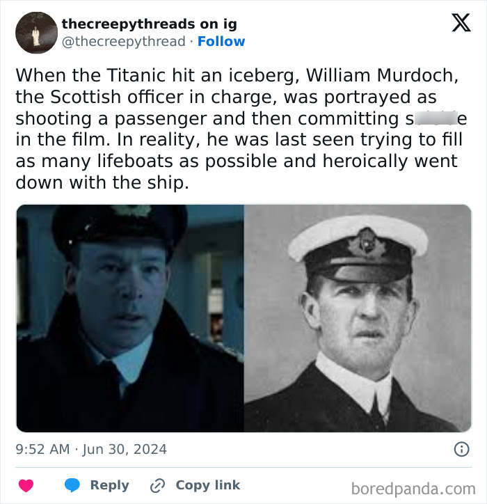 Comparison of Titanic officer in film and real life, related to spooky facts about our world that might feel disturbed.