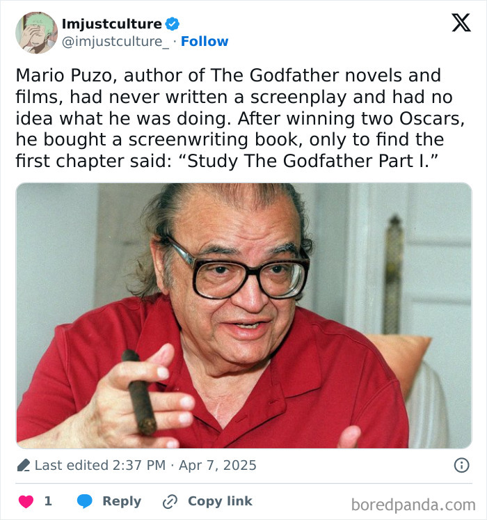 Man in red shirt with glasses holding a cigar, shared as an interesting fact about The Godfather author.