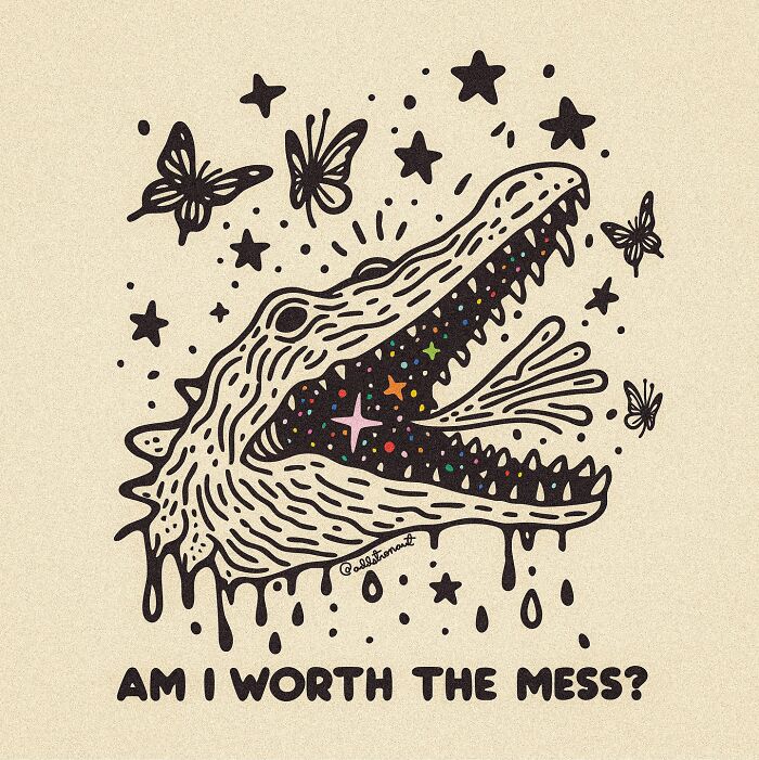 Surreal art therapy illustration of an open-mouthed crocodile with stars and butterflies expressing vulnerable thoughts.