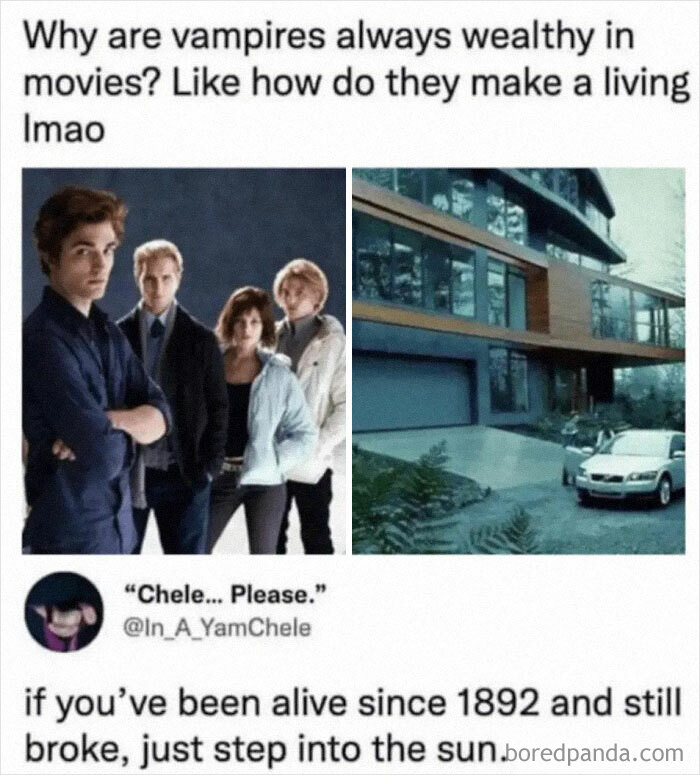 Meme featuring Twilight characters and a modern house with a sick insult about vampires' wealth and burning in the sun.