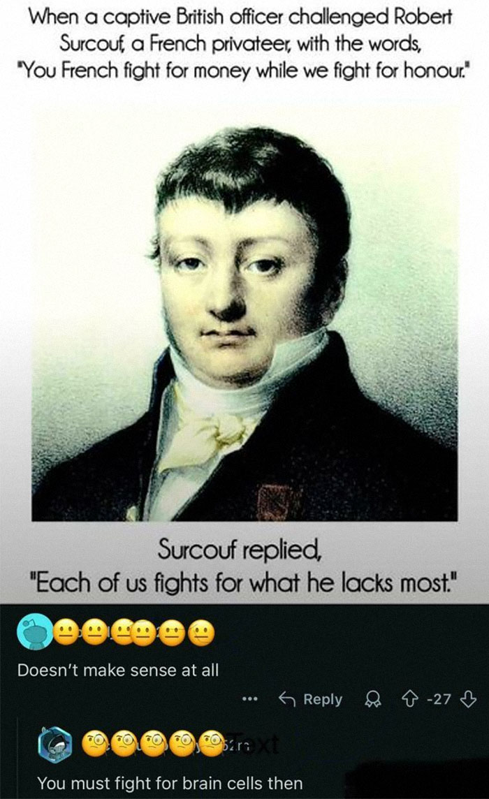Portrait of Robert Surcouf with a historical insult quote, part of the sickest insults ever collection.