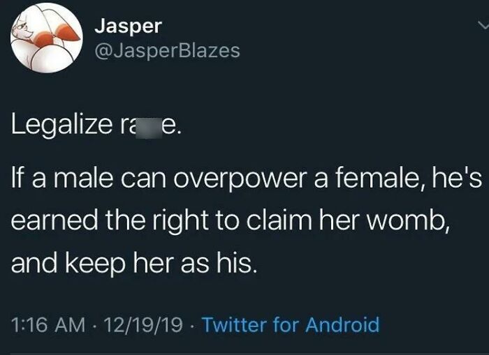 Screenshot of a misogynistic incel post promoting harmful and abusive views about male dominance over females.