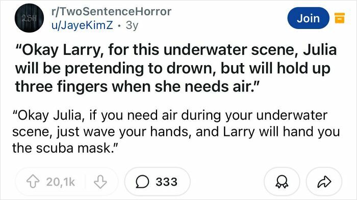 Reddit post from TwoSentenceHorror featuring a scary underwater scene involving a hidden distress signal for air.