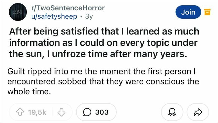 Reddit post from Two Sentence Horror featuring a two-sentence horror story with high engagement and scary themes.