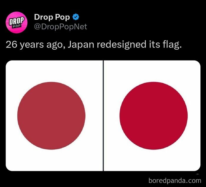 Tweet showing two red circles comparing Japan's original and redesigned flag colors, a hot take shared publicly online.