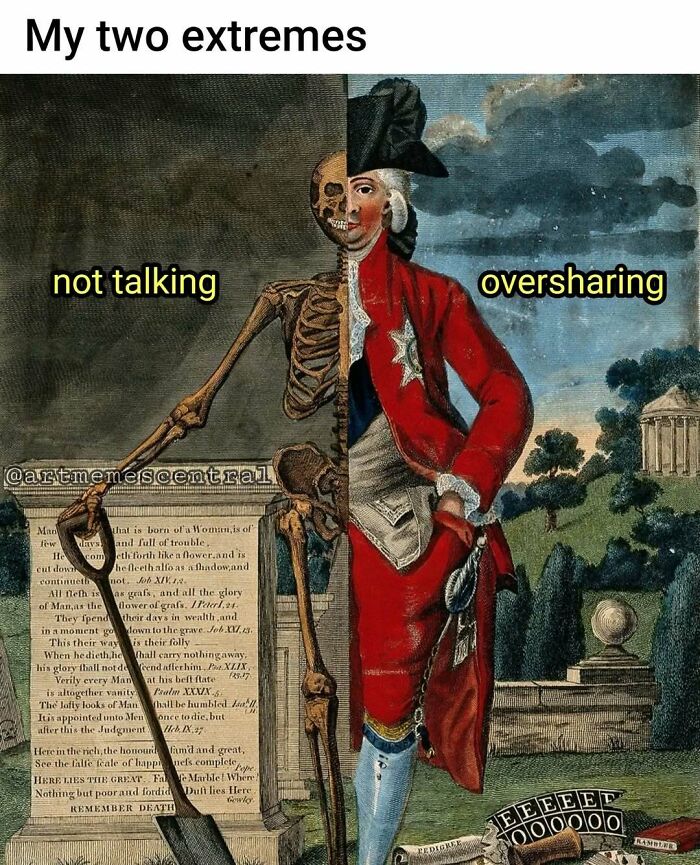 Half skeleton half classical art figure meme illustrating extremes for classical art lovers humor.