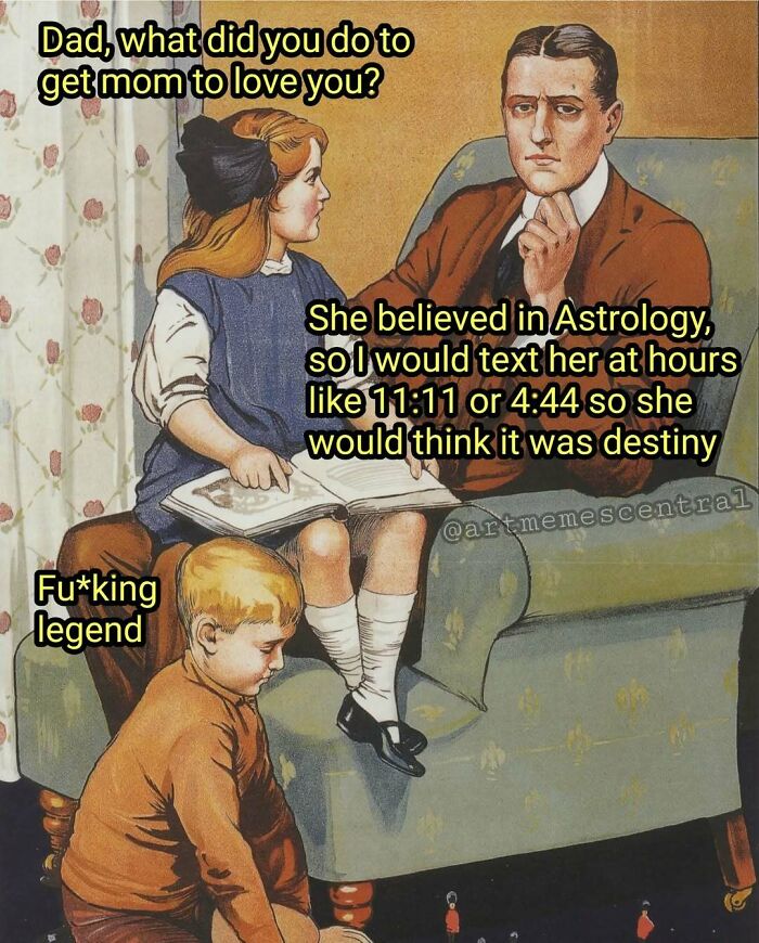 Vintage style classical art meme showing a family conversation about astrology, perfect for classical art lovers humor.