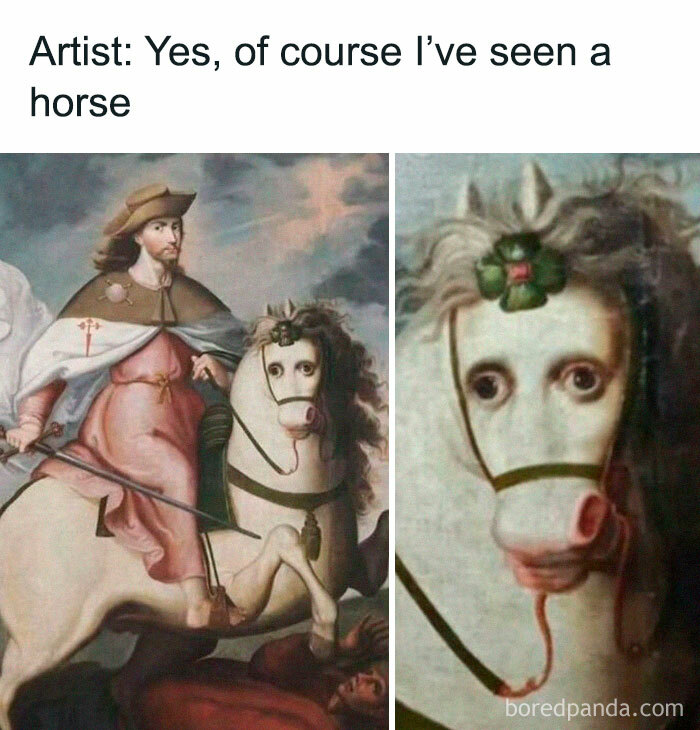Classical art meme showing a humorously painted horse with exaggerated eyes and a rider saying yes they've seen a horse.