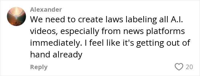 Comment expressing concern about the need for laws labeling AI videos, highlighting the impact of Google's realistic video AI model.