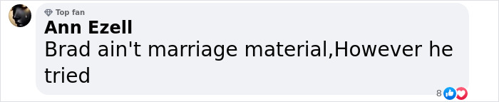 Facebook comment from a user named Ann Ezell saying Brad Pitt is not marriage material but he tried during the divorce battle.