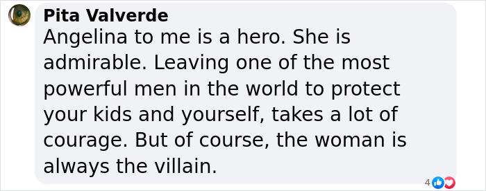Comment praising Angelina Jolie's courage amid Brad Pitt divorce battle with main SEO keywords highlighted.