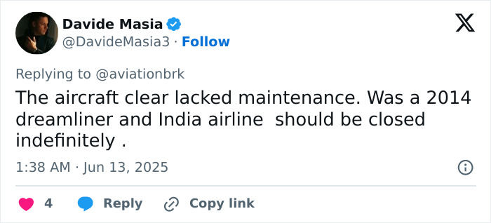 Tweet criticizing Air India plane maintenance and calling for the indefinite closure of the airline after pilot’s last words reported.