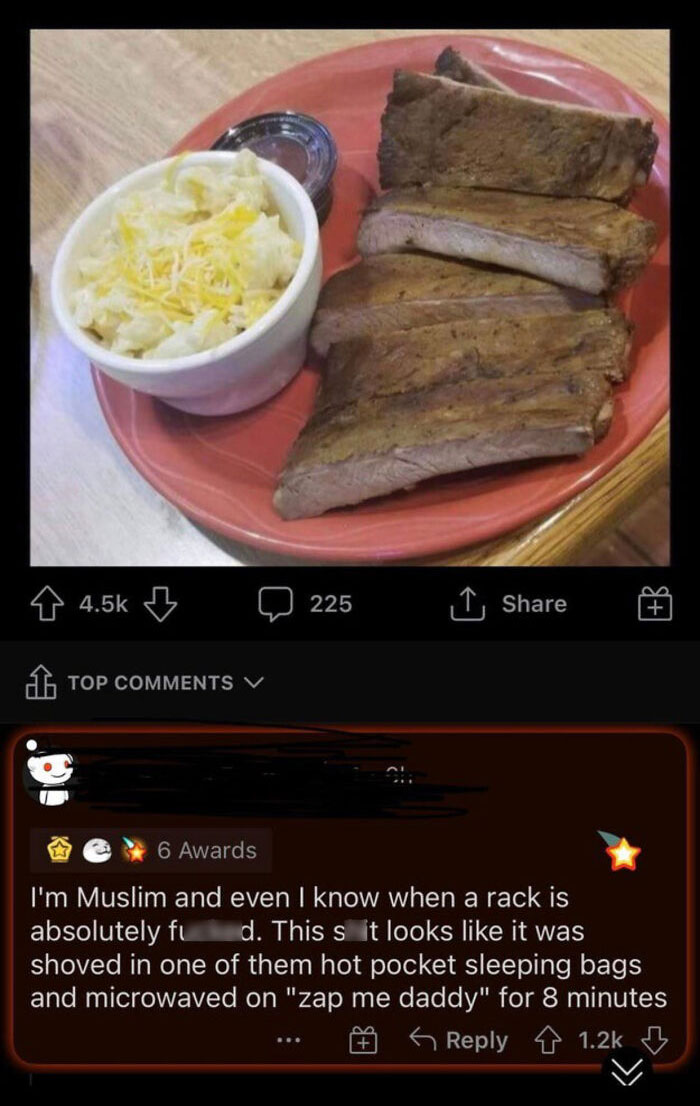 Plate of ribs with cheesy side dish and a sarcastic insult comment illustrating sickest insults ever online.
