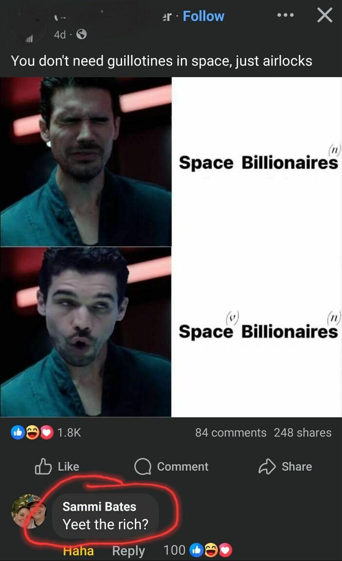 Meme about space billionaires with funny facial expressions and a comment saying Yeet the rich in a Facebook post.