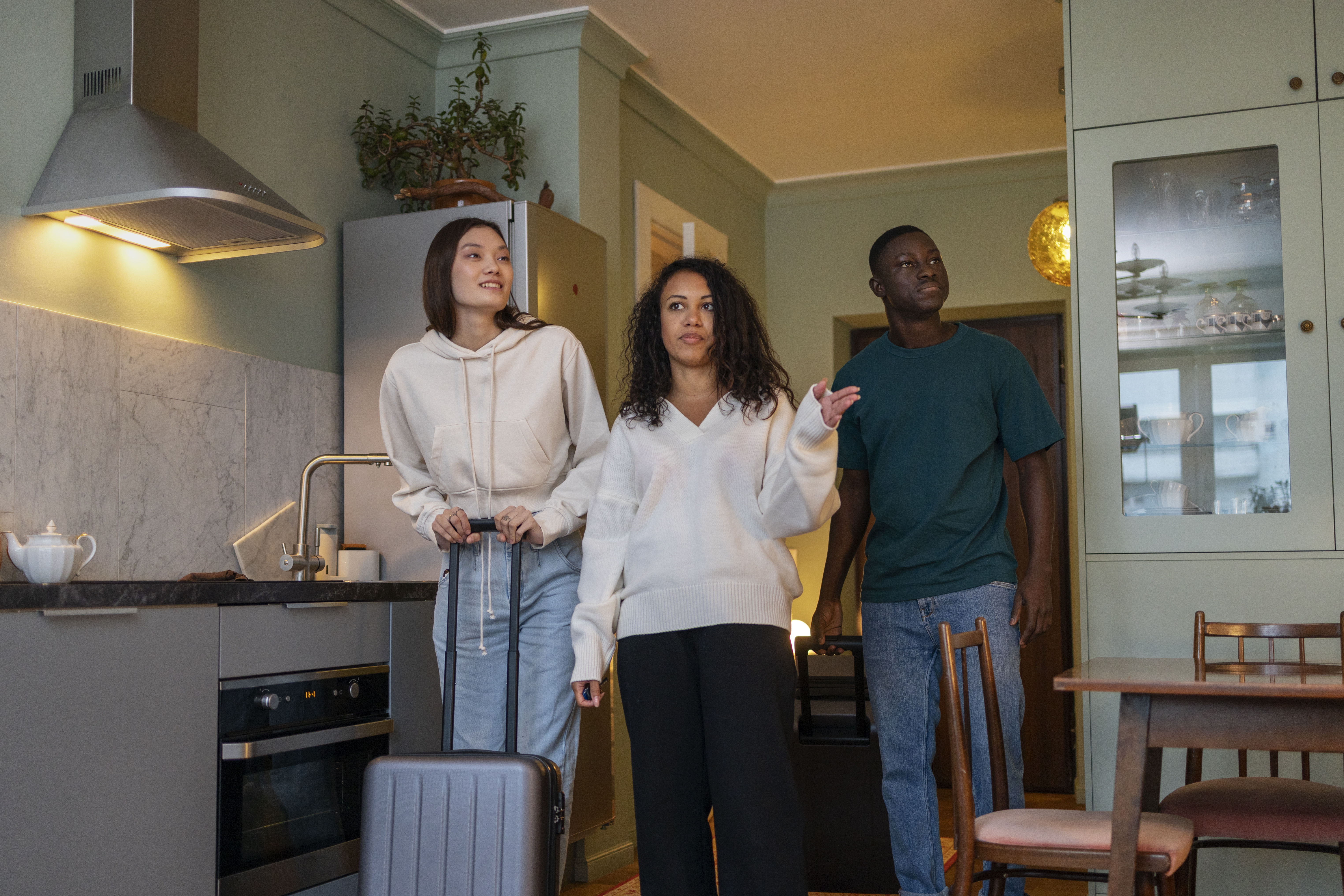 Woman stands her ground with suitcase in kitchen as roommates hold luggage during a housing dispute over nursery space