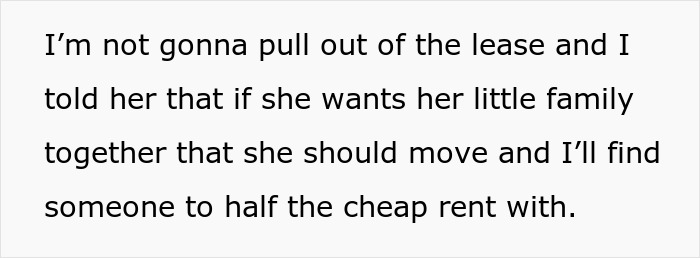 Text image showing a woman standing her ground after roommate demands she move out for nursery space.