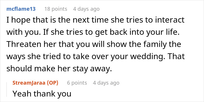 Reddit conversation about a self-appointed bridesmaid becoming an unwanted wedding planner after being cut from the bridal party.
